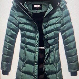 NWT Elora WinterGreen PufferJacket 40” long fleece trim coat w/removable hood M